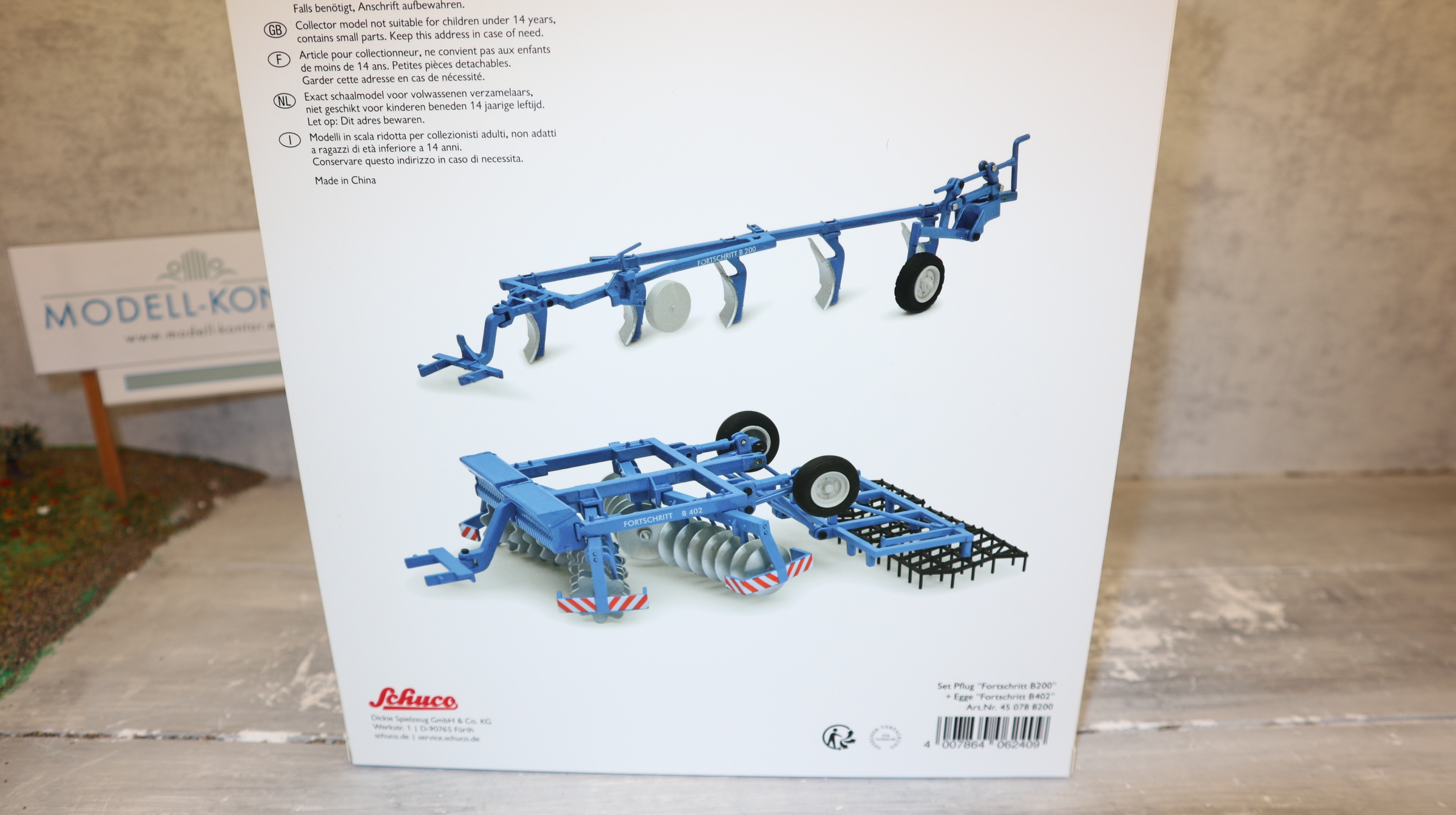 Schuco 7882 in 1:32, Set Fortschritt Pflug & Egge , NEU in OVP